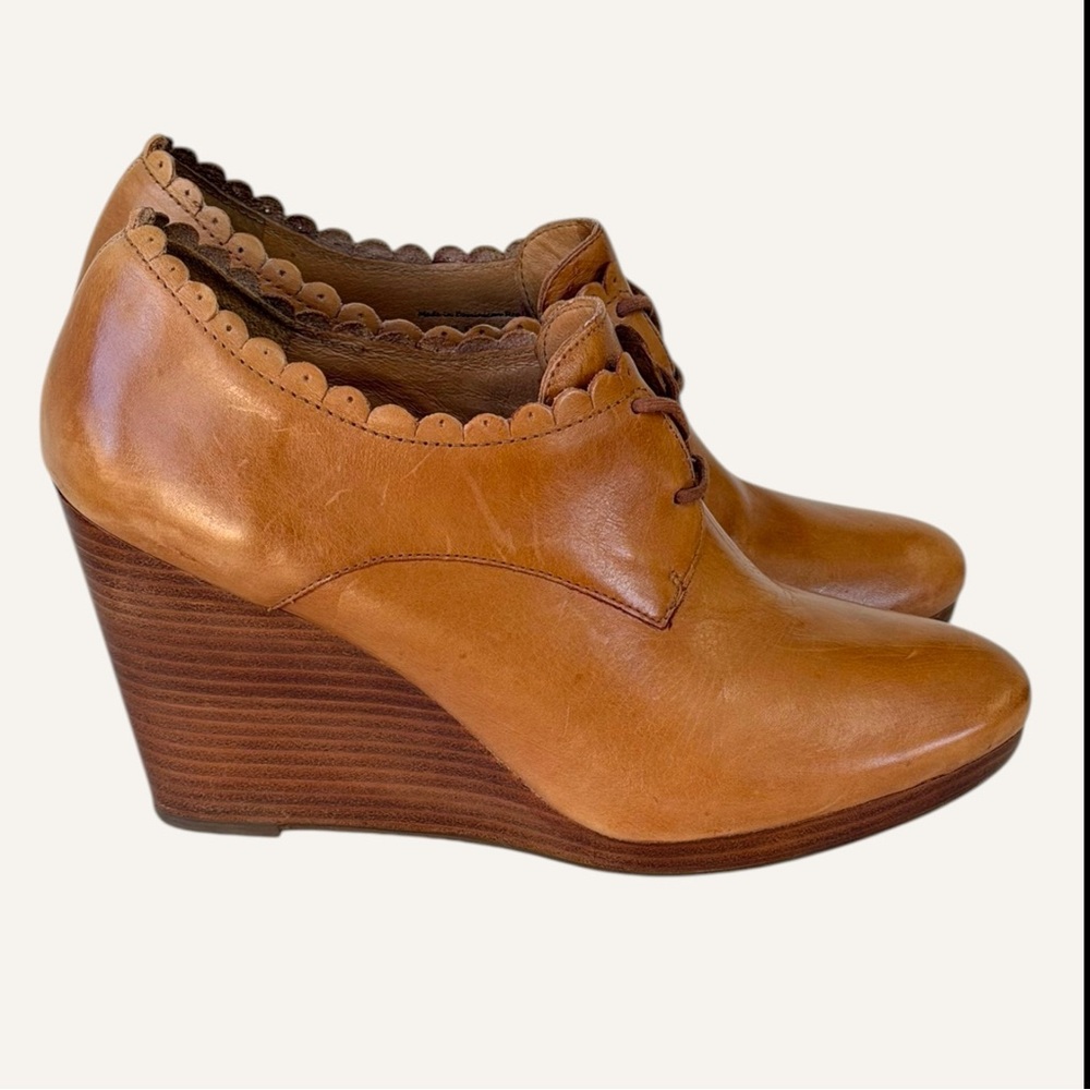 Jack‎ Rogers Olivia Scalloped Wedge Oxford Shoes Cognac Size 8.5 - Picture 4 of 11